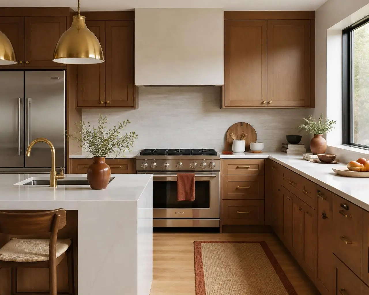 Luxury kitchen remodel in San Jose by JS Construction featuring custom white oak cabinets, quartz countertops, and brass fixtures